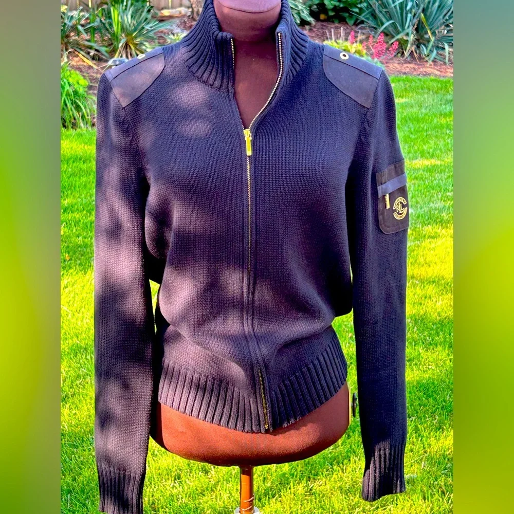 RALPH LAUREN sM zip cardigan-blk/gold details-💯cotton/canvas accents-looks NEW - Picture 1 of 5